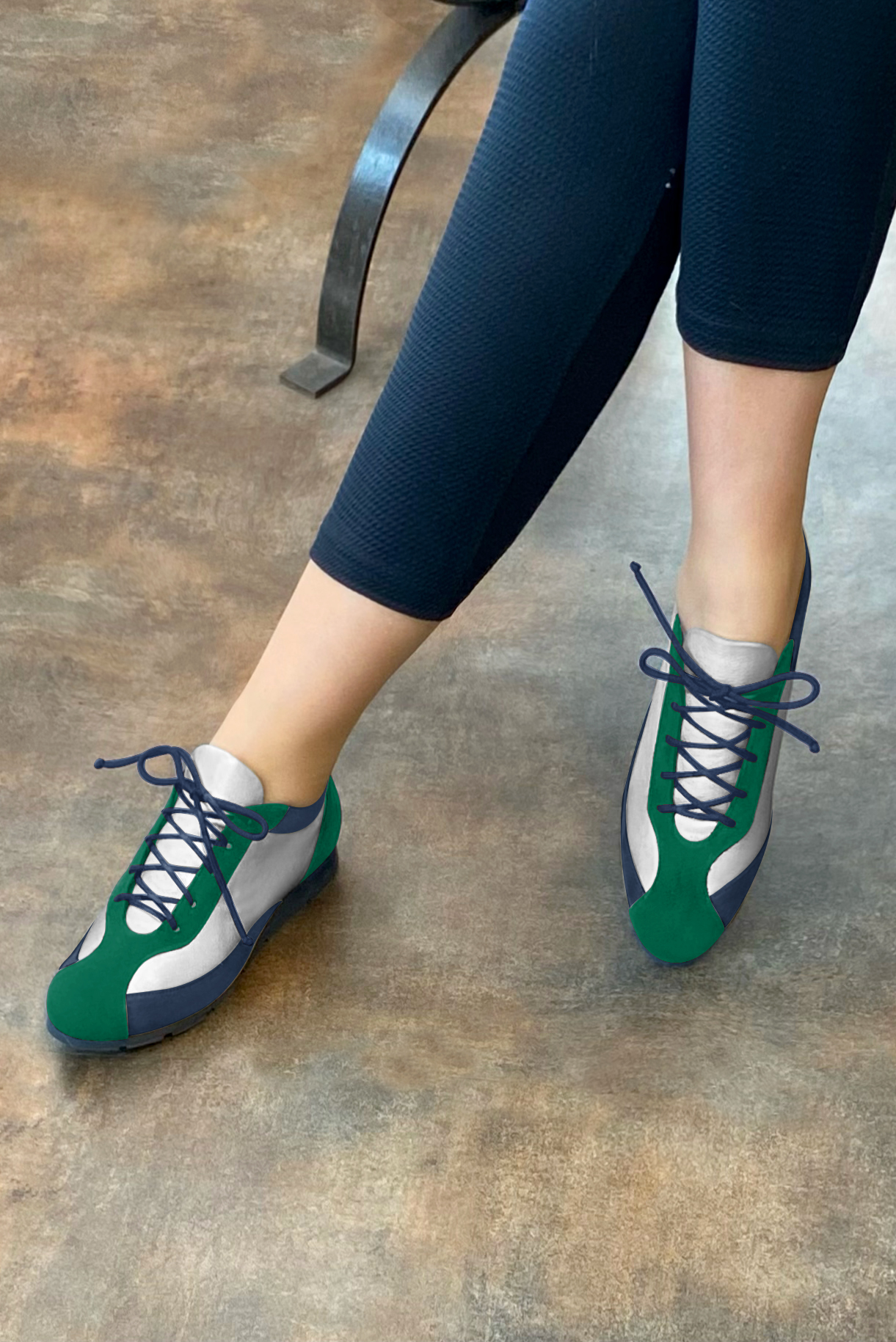 Emerald green, light silver and navy blue women's elegant sneakers. Round toe. Flat rubber soles. Worn view - Florence KOOIJMAN